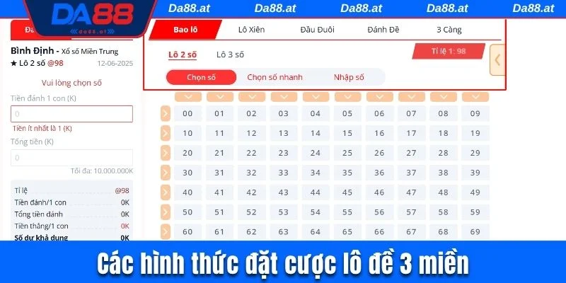 Các hình thức đặt cược lô đề 3 miền